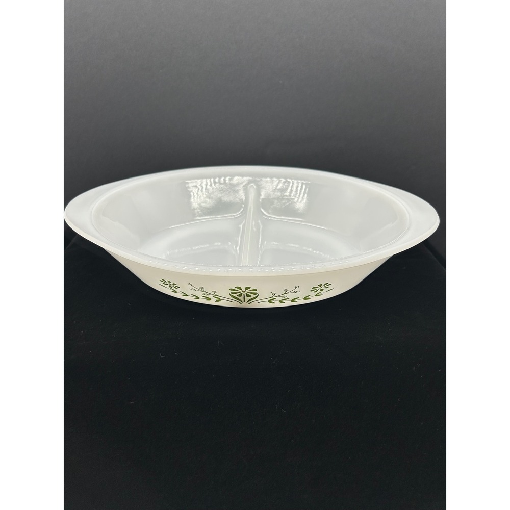 Glasbake J2352 Milk Glass Divided Serving Dish Green Floral Vine Oval Vintage
